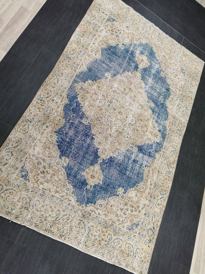 6.3 x 10.5 Denim Blue OUSHAK RUG TURKISH Oushak Rug Vintage Oushak Rug Vintage Runner Rug Wool 10x6 Rug Hand Made Rugs distressed Rug