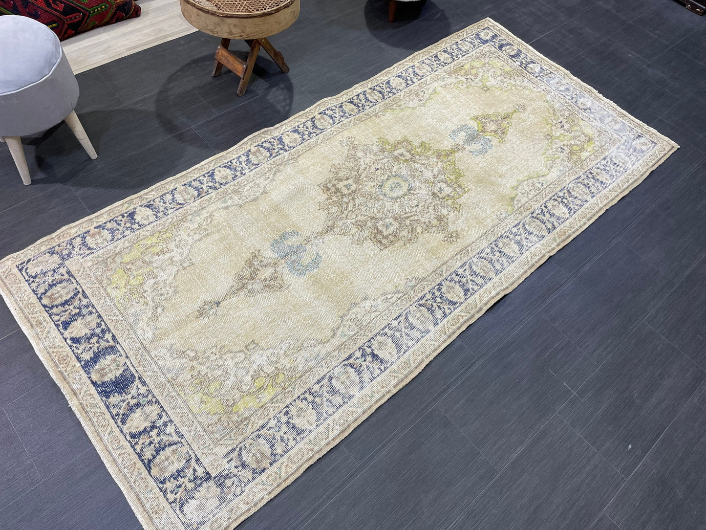 Muted Vintage Turkish Oushak Rug, Antique 3.8 x 8 Rug, Distressed Vintage Wool Rug, Handmade Rug, Hand Knotted