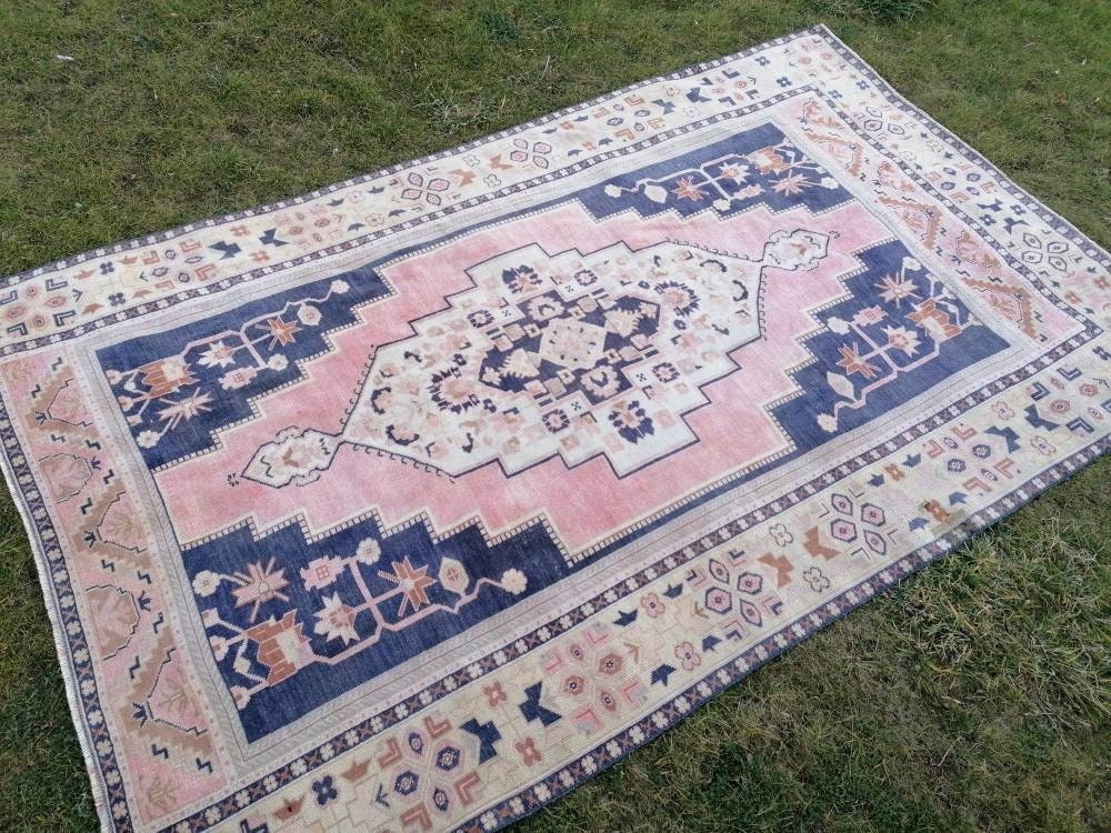 Vintage blue rug, large turkish oushak rug 6'1x9'6 living room rug, handmade wool rug
