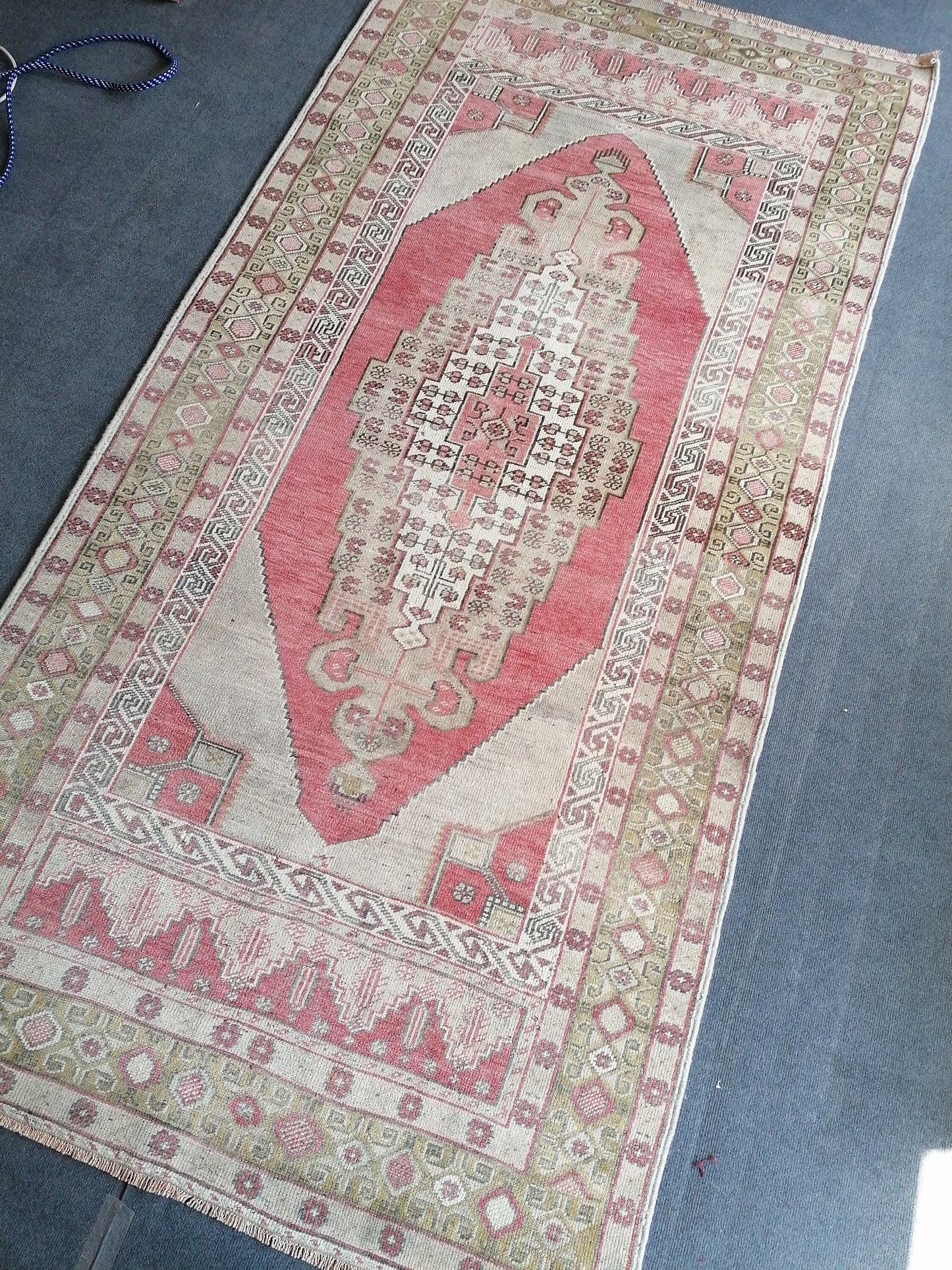 4'3x8'6 turkish pastel oushak rug, green vintage wool rug, handmade living room rug, kitchen rug bohemian rug