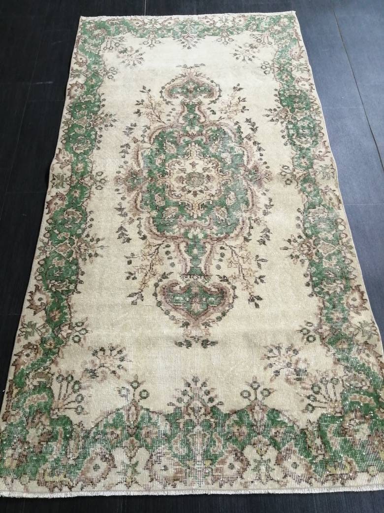 GREEN Rug, Vintage Oushak Rug, 3.7 X 6.8 Rustic Rug, Bohemian Rug, Rug Runner, Turkish Rug, Farmhouse Rug, Vintage Rug,Wool rug Oriental Rug