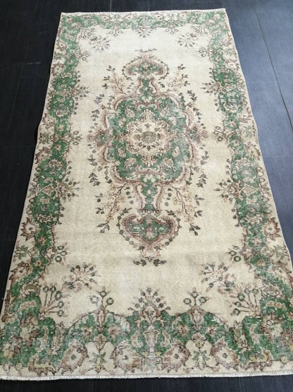 GREEN Rug, Vintage Oushak Rug, 3.7 X 6.8 Rustic Rug, Bohemian Rug, Rug Runner, Turkish Rug, Farmhouse Rug, Vintage Rug,Wool rug Oriental Rug