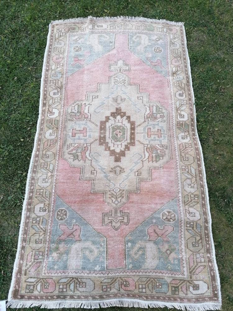 3'7x6'6 vintage pastel turkish rug, oushak vintage rug, kitchen rug,vintage anatolian bohemian rug,unique hand made bohemian