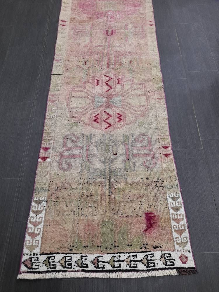Muted Vintage Runner Rug Vintage Persian Runner Rug 2.4 x 12.4 Hallway Runner Rug Turkish Kitchen Runner Rug Antique Wool Oriental Runner