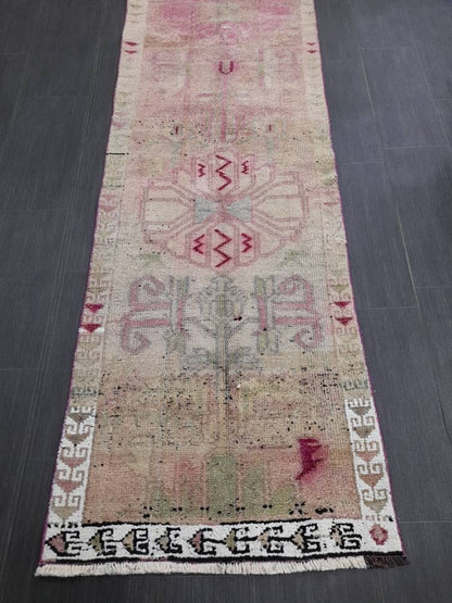 Muted Vintage Runner Rug Vintage Persian Runner Rug 2.4 x 12.4 Hallway Runner Rug Turkish Kitchen Runner Rug Antique Wool Oriental Runner