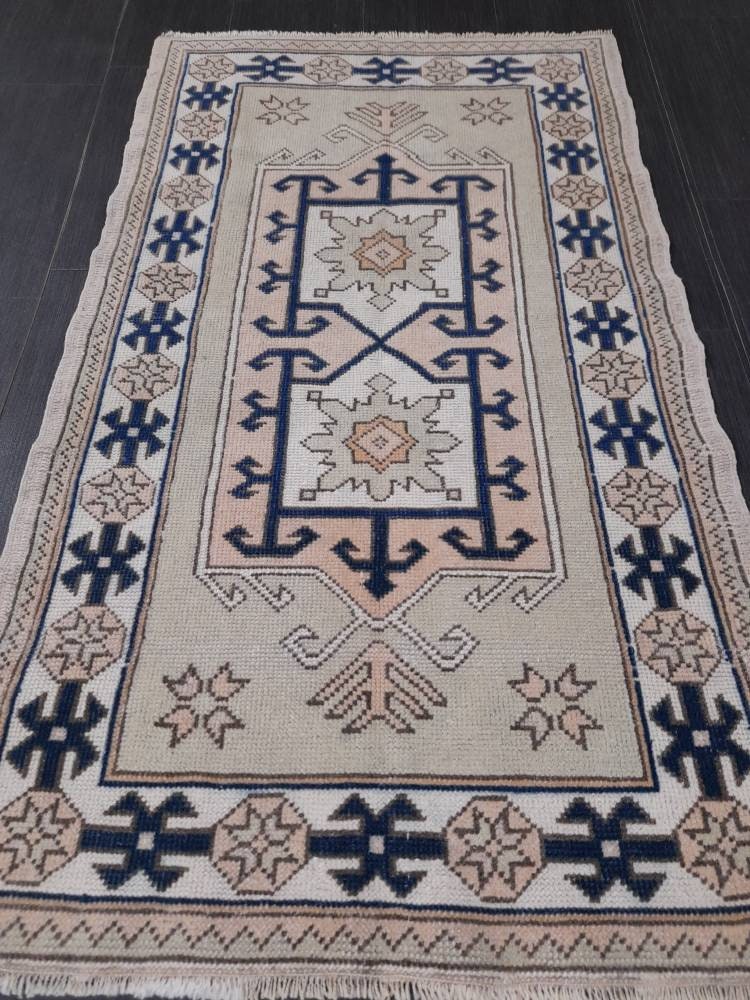 Vintage Turkish Rug, 2.8 x 4.8 Oushak Rug, Wool Oriental Rug, Blue Vintage Persian Rug, Hand Made Rug Vintage Wool Rug