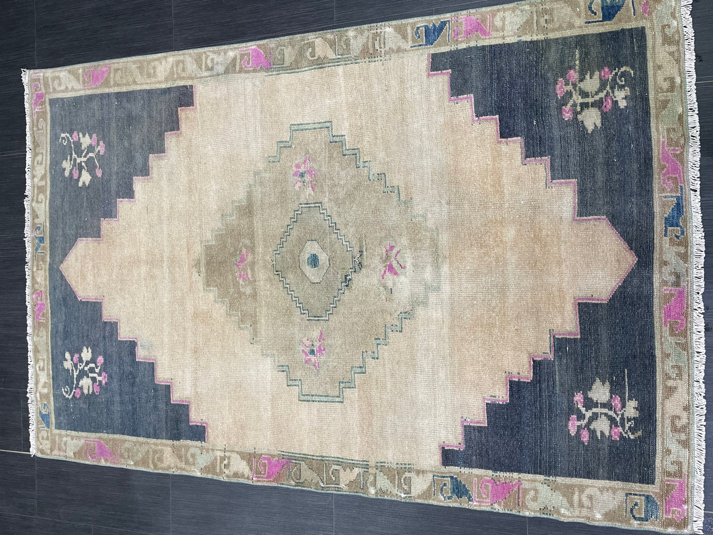 Muted Vintage RUG TURKISH 4 x 6.2 Oushak Rug Vintage Oushak Rug Vintage Rug Muted Navy Rug HandMade Rug Vintage Neutral Rug