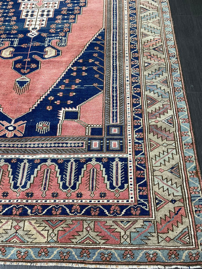 Wool OUSHAK RUG TURKISH 4.7 x 9.6 Rug Muted Pink and Navy Rug Vintage Oriental Rug Vintage Hand Made Rug Wool Vintage Oushak Rug 5x10