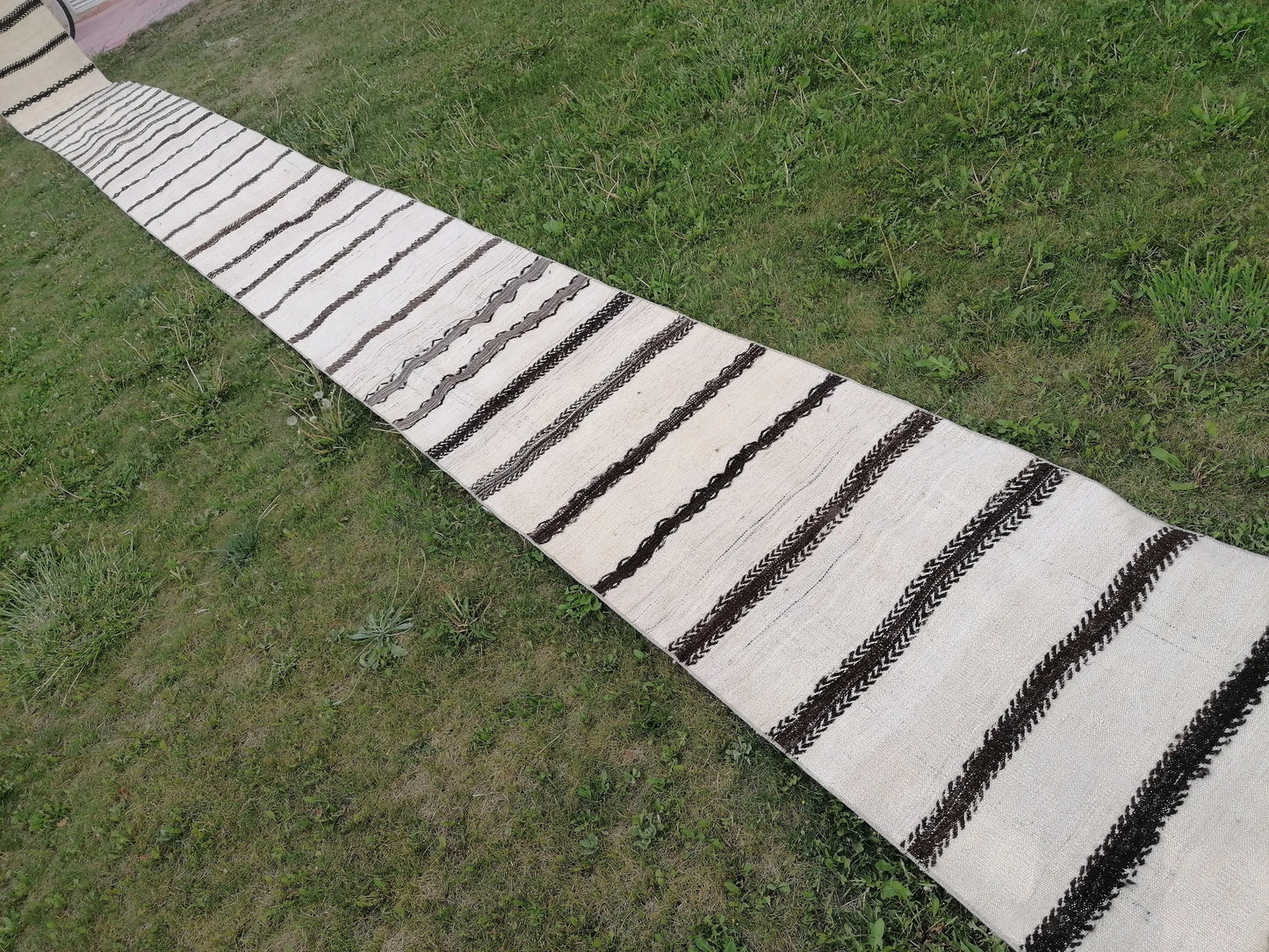 2.6 x 33 Neutral extra long runner rug, flatweave kilim runner, stripe handmade runner rug, turkish woven runner, no dye runner rug