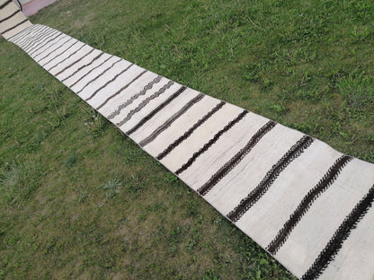 2.6 x 33 Neutral extra long runner rug, flatweave kilim runner, stripe handmade runner rug, turkish woven runner, no dye runner rug