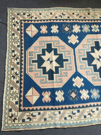 4x6.5 feet handmade muted blue large kitchen rug, turkish vintage bedroom rug, living room floor medium pink rug, oriental anatolian rugs