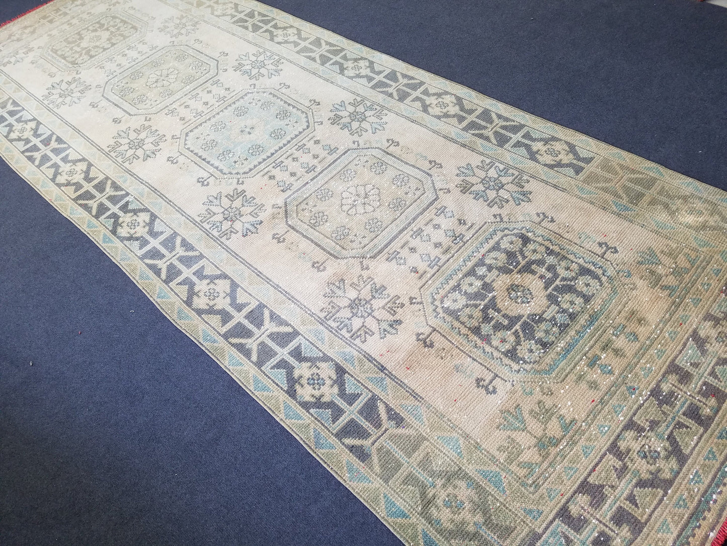 Oushak turkish rug 4'2x11 vintage wool rug, vintage oushak rug, vintage anatolian rug,unique hand made rug,kitchen rug