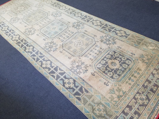 Oushak turkish rug 4'2x11 vintage wool rug, vintage oushak rug, vintage anatolian rug,unique hand made rug,kitchen rug