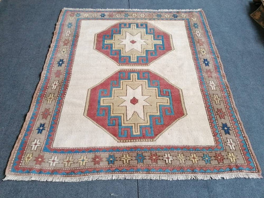 Turkish oushak wool rug 4'10x5'5 vintage handmade rug bohemian rug living room rug
