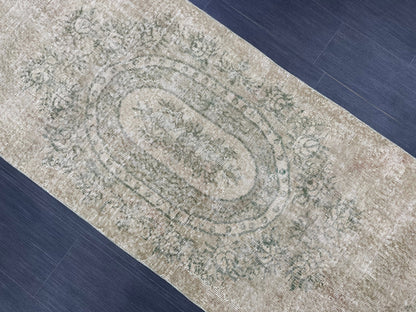 Oushak Runner Rug 2.7 x 9.4 Muted Turkish Runner Rug Green Vintage Neutral Runner Rug Hallway Natural Runner Kitchen Runner Rug Wool Runner