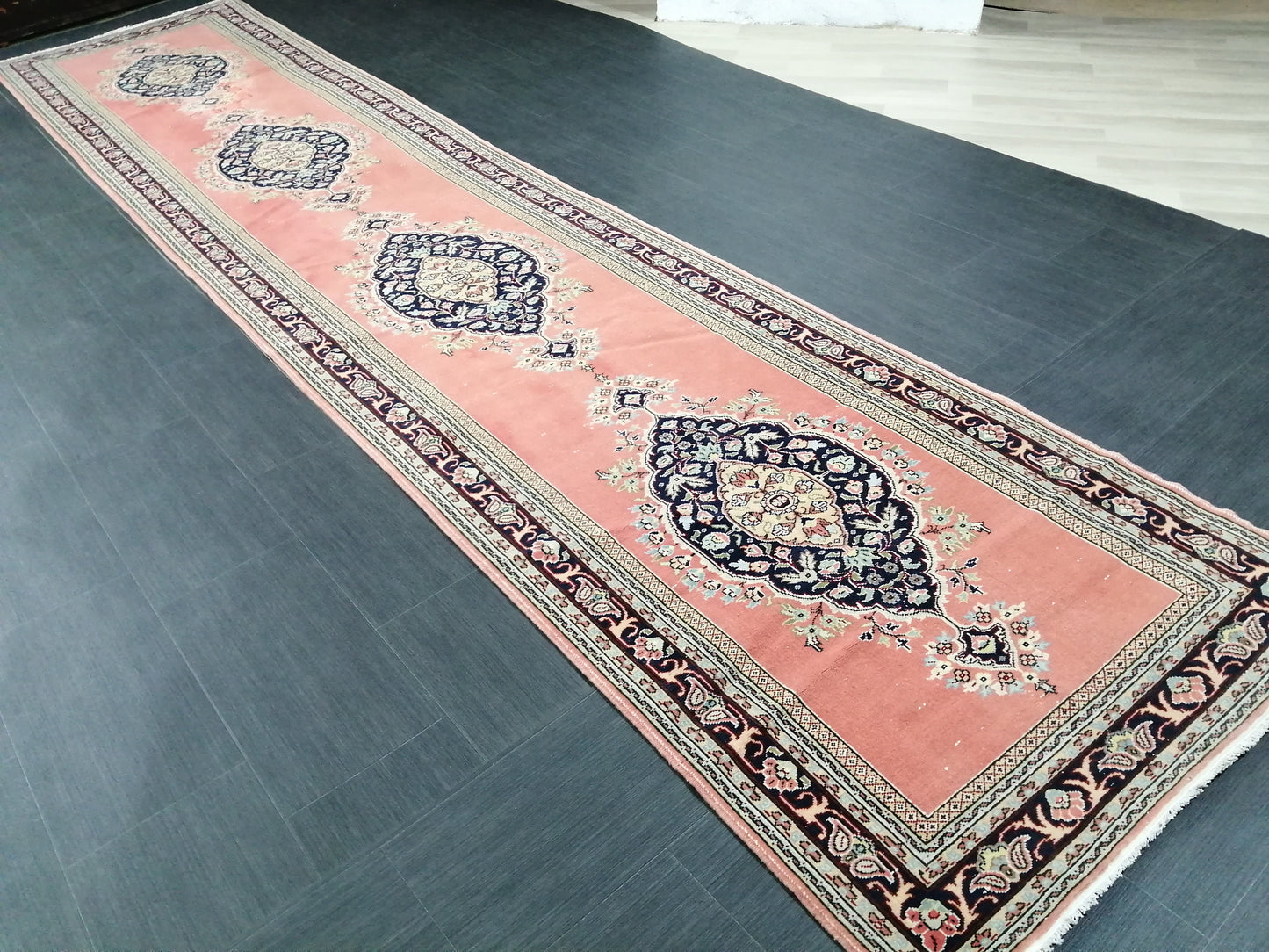 Oushak Runner Rug 3.2 x 14 Turkish Runner Rug Persian Vintage Runner Pink and Navy XL Hallway Runner Rug Stairs Runner Rug Extra Long Runner