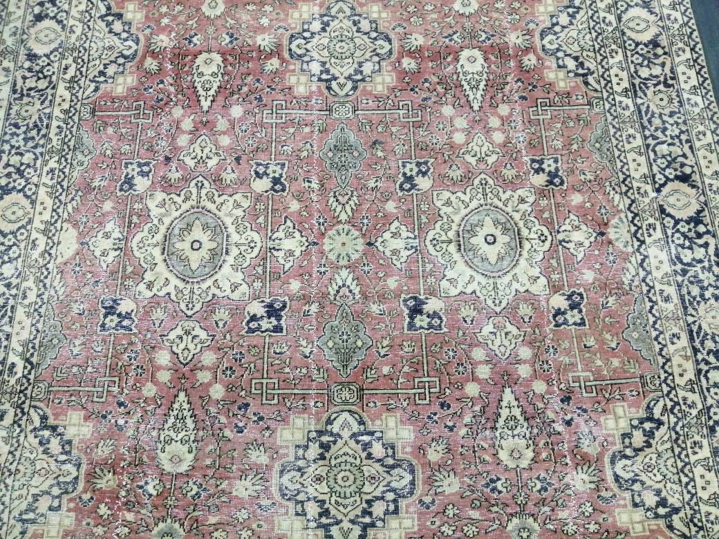 Muted Persian RUG 7.7 x 11 Turkish Oushak Rug Vintage Antique Rug Vintage Blue Pink Rug Wool Muted Oriental Rug Hand Made Rug