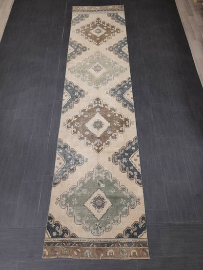 Muted Handmade Runner Rug Muted Turkish Runner Rug 3 x 12.6 Vintage Runner Rug Hallway Runner Rug Kitchen Runner Rug Pale Wool Oushak Runner