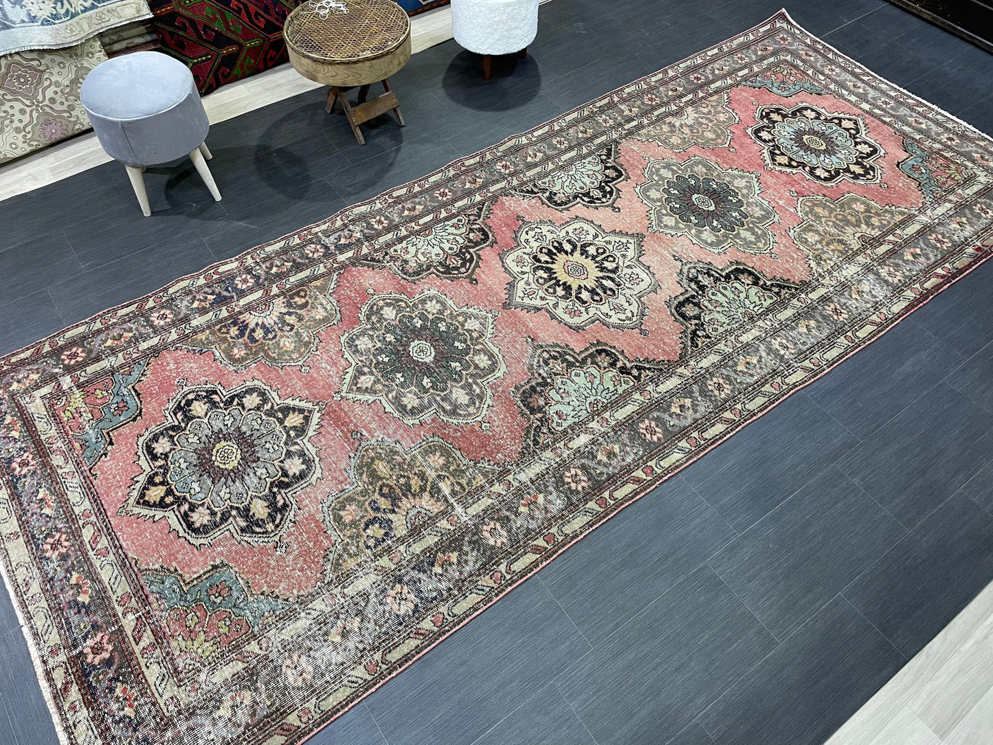 Vintage Runner Rug, Turkish 4.8 x 11.8 Runner Rug, Varigated Red Vintage Runner Rug Hallway Runner Rug Kitchen Runner Rug Wool Runner