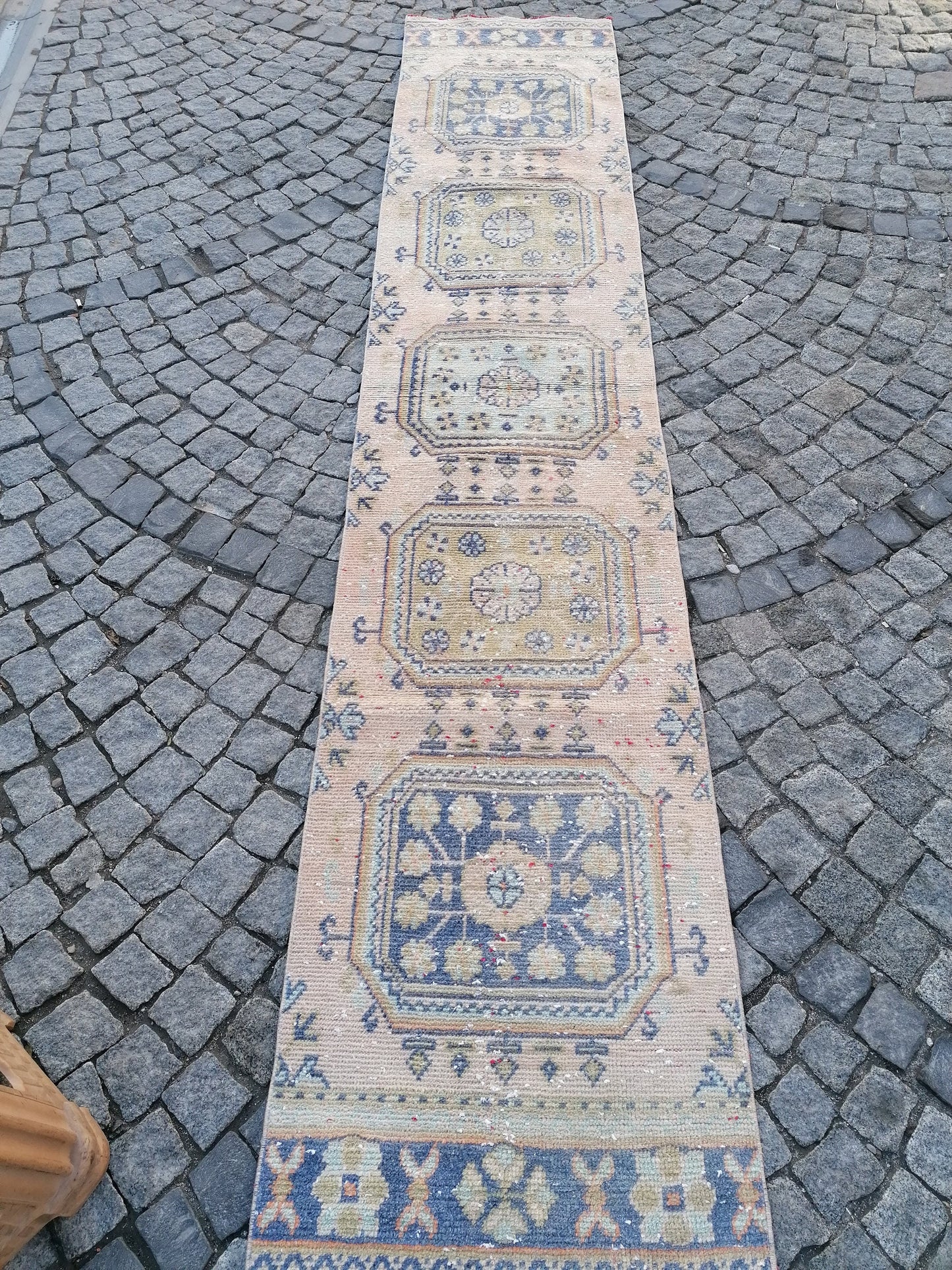 2'3x11'8 oushak turkish runner rug,turkish wool runner rug,hallway runner, vintage blue runner rug, vintage green runner rug,kitchen runner