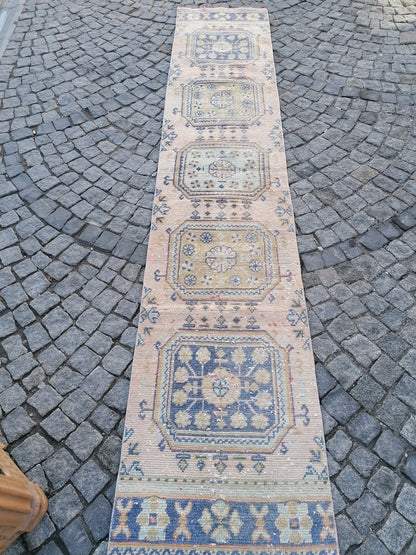 2'3x11'8 oushak turkish runner rug,turkish wool runner rug,hallway runner, vintage blue runner rug, vintage green runner rug,kitchen runner