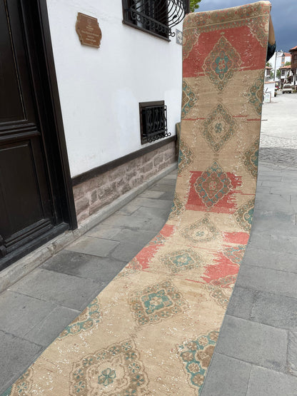 Muted Vintage Extra Long Turkish Runner Oushak  2.7 x 20.5 Stairs Runner Rug Vintage Runner XL Oriental Runner Staircase Handmade Runner