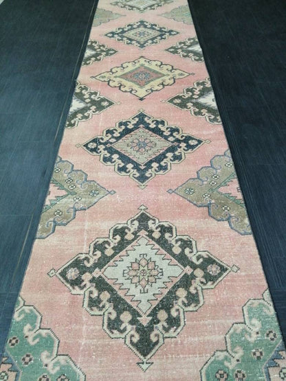 Muted Vintage Runner Rug 2.9 x 13 Vintage Persian Runner Rug Distressed Hallway Runner Rug Turkish Kitchen Runner Rug Antique Wool Runner