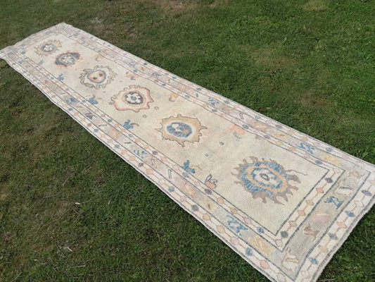 3x13 feet wool oushak runner rug, new turkish handmade runner rug, hallway runner, kitchen faded runner, vintage corridor long runner rugs