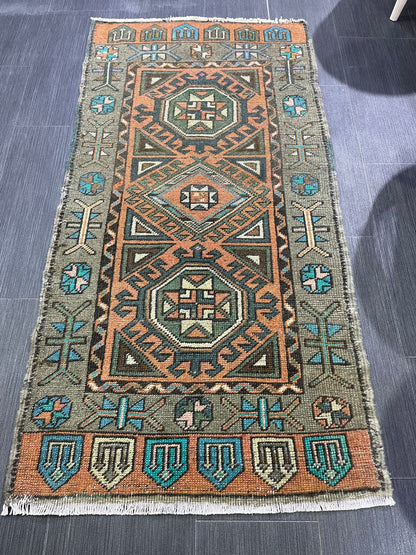 Hand Knotted Runner Rug, Vintage 2 x 4.4 Runner Rug,Handmade Short Runner Rug,Bathroom Runner Rug, Antique Runner Rug, Vanity Runner Rug