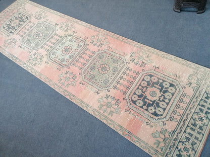 3x10'6 oushak turkish runner rug, vintage green wool runner rug, vintage anatolian hand made rug,kitchen runner rug