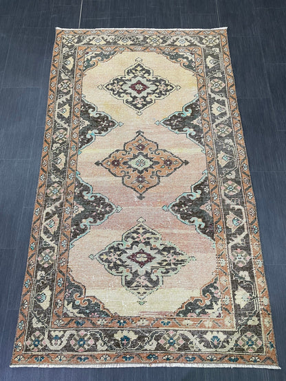 Handmade Turkish 3.8 x 6.5 Rug Handmade Rug Turkish Rug Hand Knotted Rug Muted Oushak Rug, Farmhouse Rug, Vintage Rug, Wool rug