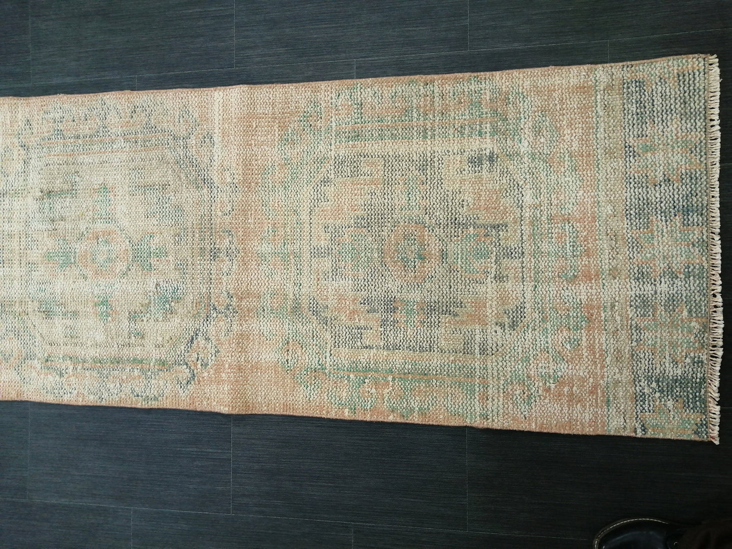 11.9x2.2 Distressed Runner Rug Turkish Runner Rug Muted Vintage Runner Rug  Faded Hallway Runner Rug Kitchen Runner Rug Wool Runner Rug