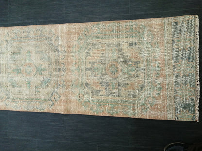 11.9x2.2 Distressed Runner Rug Turkish Runner Rug Muted Vintage Runner Rug  Faded Hallway Runner Rug Kitchen Runner Rug Wool Runner Rug