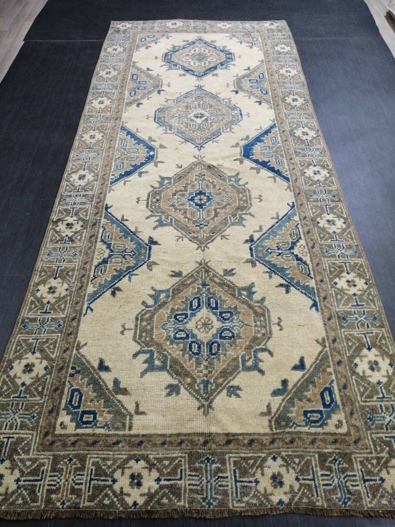 Antique Oushak Runner Rug Turkish Runner Rug Vintage Runner Rug 11.9 x 4.9 Hallway Runner Rug Antique Oriental Runner Rug Blue Beige Runner