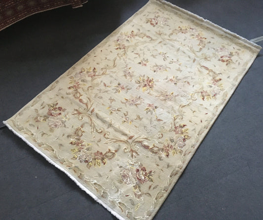 4x6 feet beige handmade turkish floral rug, vintage kitchen floor large rug, oushak wool bedroom area rug, medium size laundry rug, bath mat