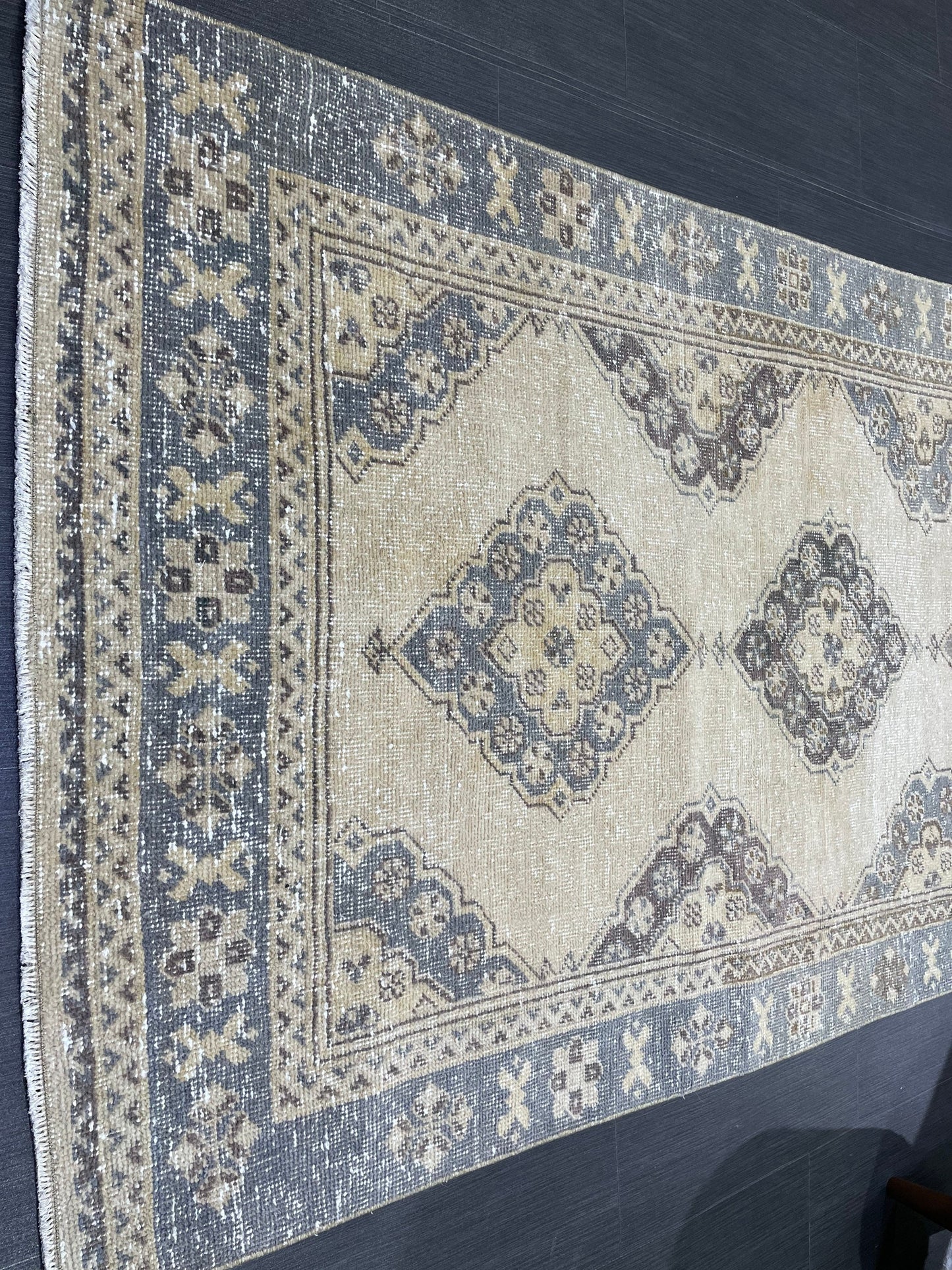 Hand Knotted Runner Rug Turkish Runner 3.8 x 10.8 Rug Vintage Gray Blue Runner Rug Hallway Runner Kitchen Runner Country modern Runner Rug