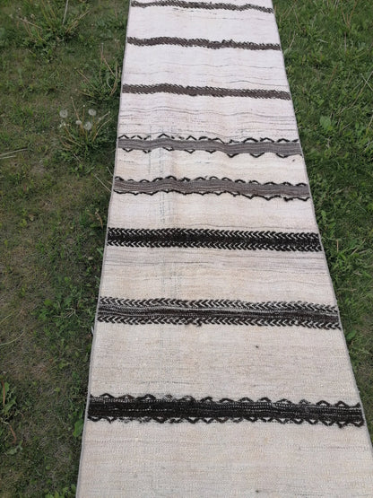 2.6 x 33 Neutral extra long runner rug, flatweave kilim runner, stripe handmade runner rug, turkish woven runner, no dye runner rug