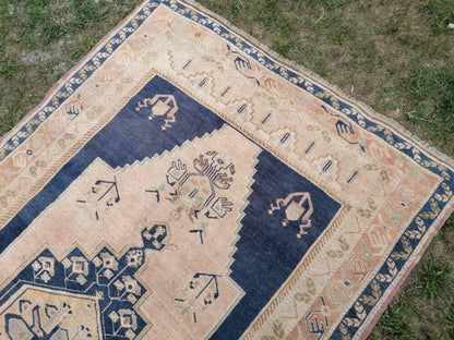 5'6x10 blue vintage rug, oushak wool rug , large anatolian rug,unique hand made