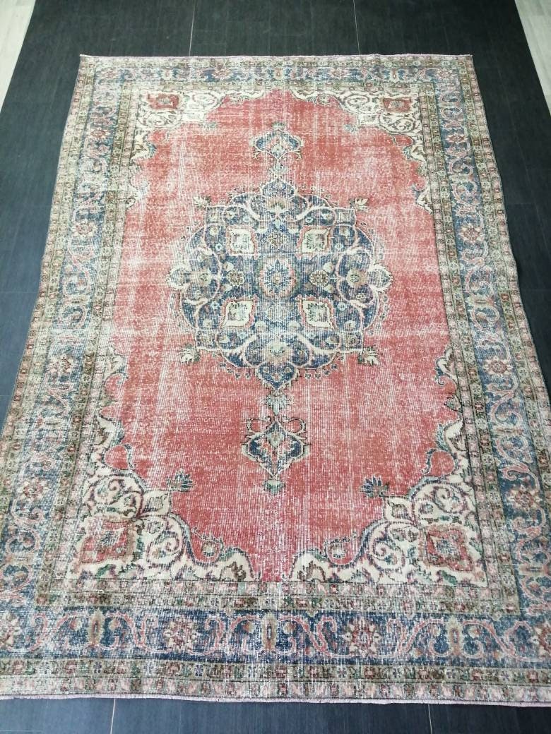 Vintage rug, Persian  Rug, Antique 7 x 10. 3ft. Rug, turkish Rug, Pink Oushak  rug, Ethnic Rug, Traditional Rug, wool Rug,Handmade Rug