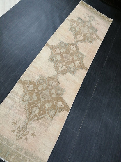 Muted Vintage Runner Rug 2.7 x 10.4 Turkish Runner Rug Vintage Runner Rug Hallway Runner Rug Kitchen Runner Rug Wool Runner Wool Oushak Rug