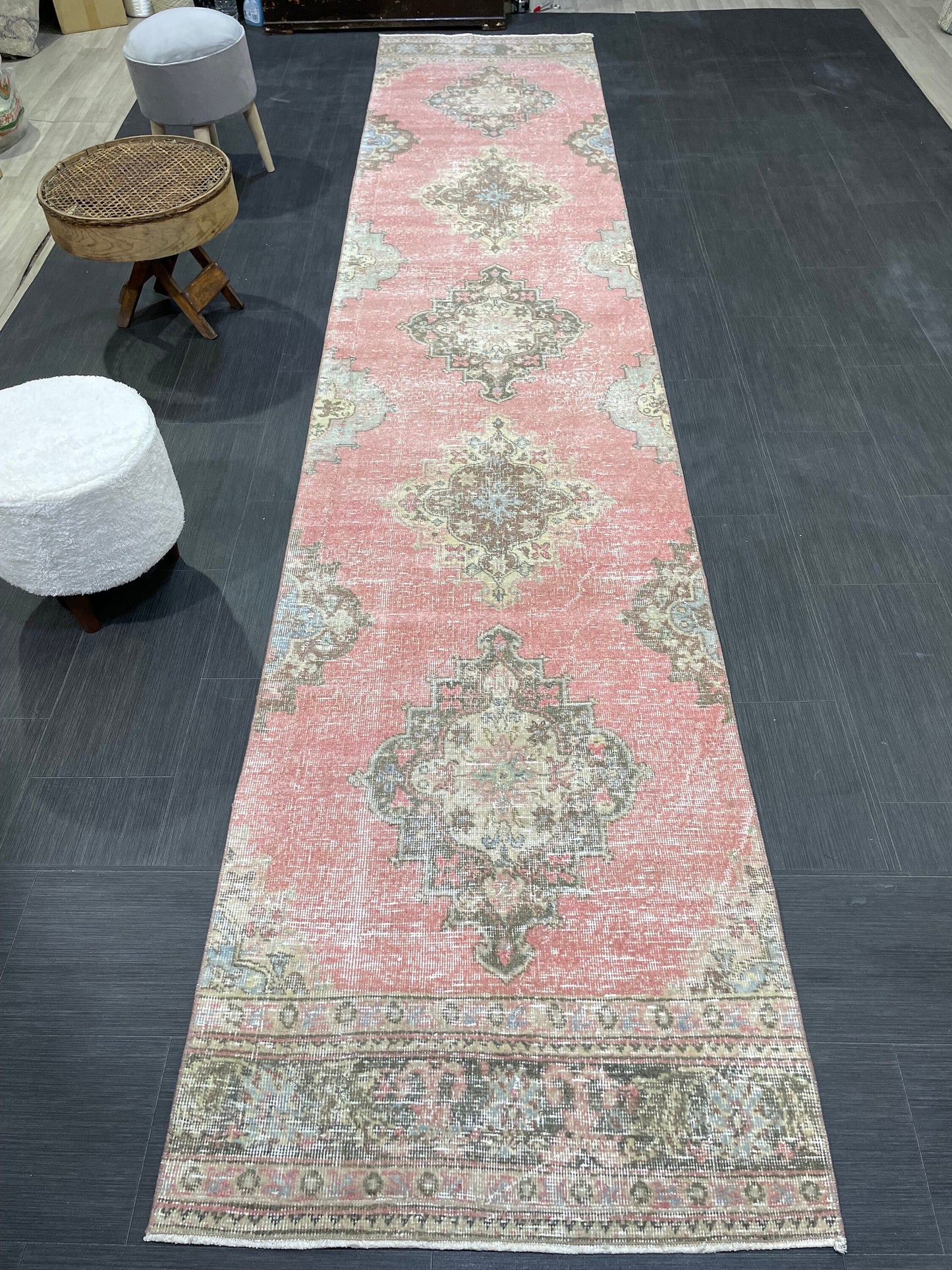 Turkish RUNNER Rug, Oushak 2.10 x 13.10 Runner Rug, Distressed Runner Rug, Wool Oushak Muted Rugs, Vintage Runner Rug,Handmade Rug Runner