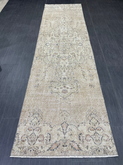 Oushak Runner Rug 2.7 x 10.2 Muted Turkish Runner Rug Vintage Neutral Runner Rug Hallway Natural Runner Rug Kitchen Runner Rug Wool Runner