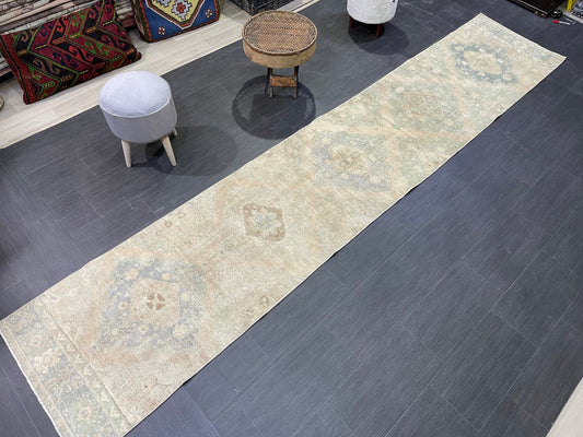 Muted Vintage Runner Rug, Handmade 2.6 x 12.8 Runner Rug, Turkish Runner Rug, Hallway Runner Rug, Persian Kitchen Runner Hand Knotted Runner