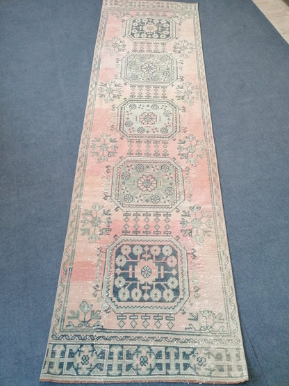 3x10'6 oushak turkish runner rug, vintage green wool runner rug, vintage anatolian hand made rug,kitchen runner rug