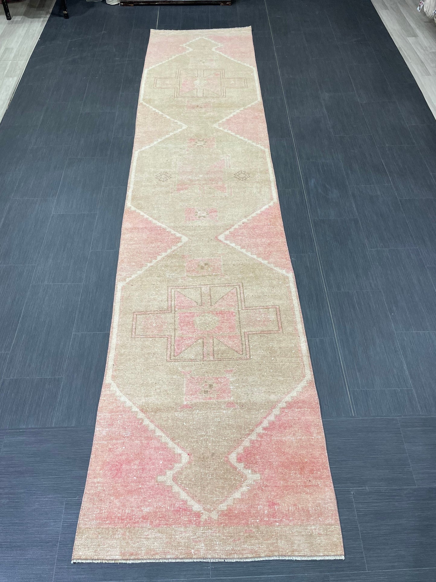 Muted Vintage Runner Rug 2.7 x 12.6 Hand Made Runner Rug Turkish Runner Rug Pink Vintage Runner Rug Hallway Runner Rug Wool Kitchen Runner