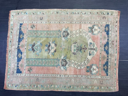 Vintage RUG, TURKISH Oushak Rug Hand Knotted 3 x 4.2 Rug, Oriental Rug, Vintage Persian Rug, Handmade Rug, Antique Rug, Woven Rug