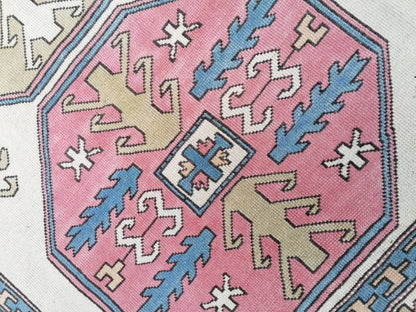 Bohemian pink color rug, pastel green oushak blue rug , turkish wool rug, handmade living room rug 5'9x9'5 feet