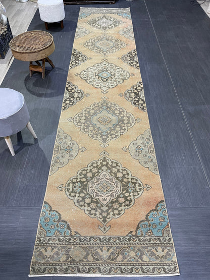Muted RUNNER Rug, Handmade 2.10 x 13 RUNNER Rug,  Oushak Runner Rug, Vintage Turkish Rug, Oriental Runner Rug, Turkish Runner Persian Runner