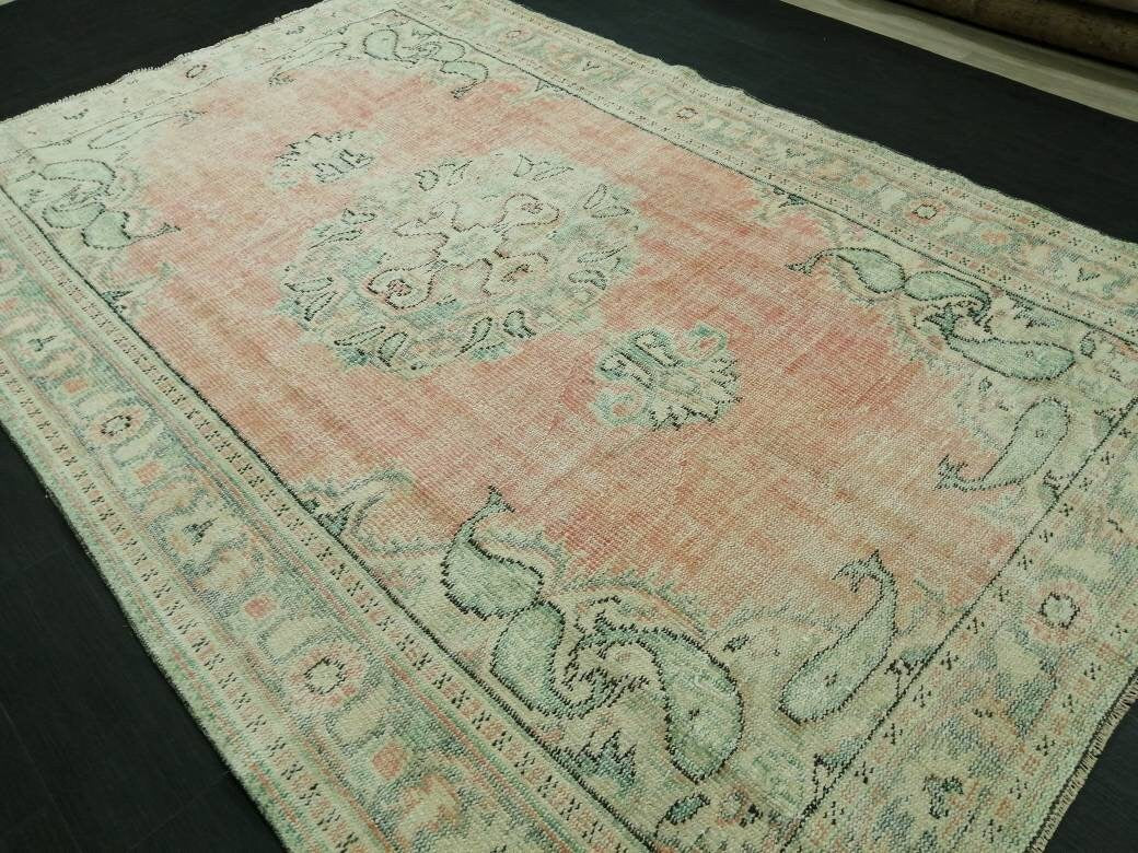 Vintage Hand Made Rug, 5.8 x 8.7 Large Oushak Rug, Pink Rustic Rug, Distressed ORIENTAL Rug, Distressed Turkish Rug, Vintage Persian rug