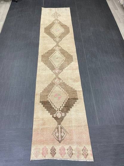 Muted Vintage Runner Rug 2.6 x 12.2 Hand Made Runner Rug Turkish Runner Rug Pink Vintage Runner Rug Hallway Runner Rug Wool Kitchen Runner